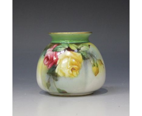 A Royal Worcester bone china posy vase, circa 1907, of tapering lobed form, painted with pink and yellow roses, green printed