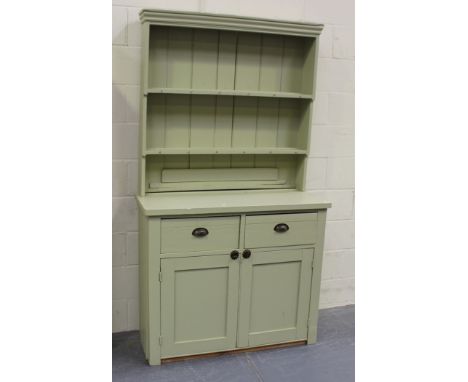 A Victorian painted pine dresser, the shelf back above two drawers and a cupboard, on stile supports, height approx 205cm, wi