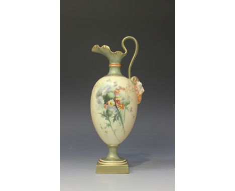 A Royal Worcester bone china ewer, circa 1901, the ovoid body painted with a spray of thistles and daisies on a blush ground,