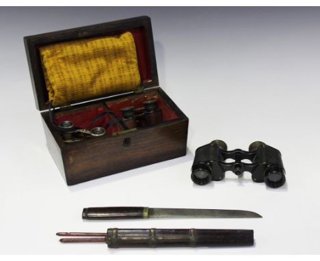 A Regency rosewood sarcophagus tea caddy, width approx 23cm, a papier-mâché snuffbox, two pairs of opera glasses, a pair of b