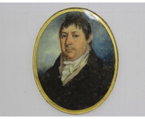 19th Century British School - Oval Miniature Portrait of a Gentleman wearing a Brown Jacket, watercolour on ivory, approx 6.5