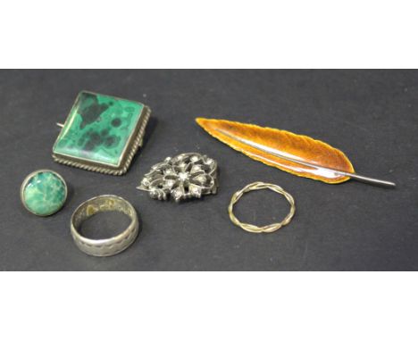 A collection of silver and costume jewellery, including brooches, a hinged bangle, an imitation pearl necklace, pendants, nec