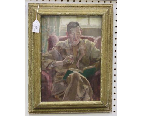 Margaret Theyre - Portrait of a Man with Pipe reading, 20th Century oil on board, signed, approx 34cm x 24cm, within a textur