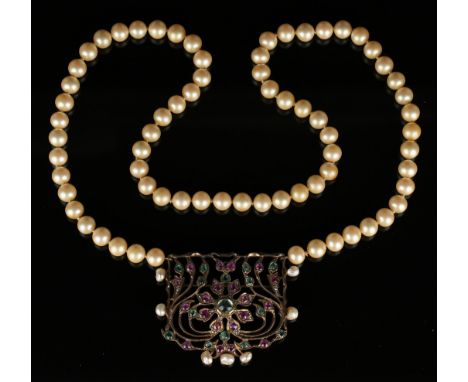 A diamond, ruby, emerald and cultured pearl brooch, probably Indian, pierced with floral and foliate decoration, width approx