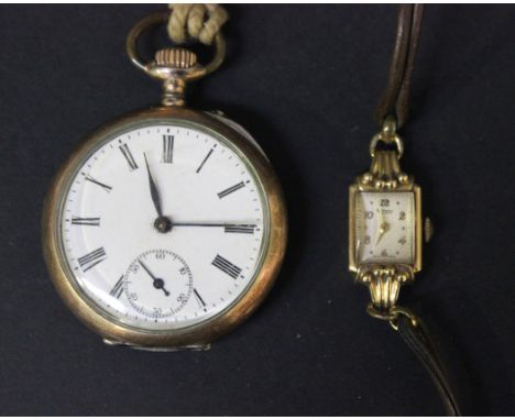 A Rotary 9ct gold rectangular cased lady's wristwatch, on a brown leather strap and a German keyless wind open-faced pocket w