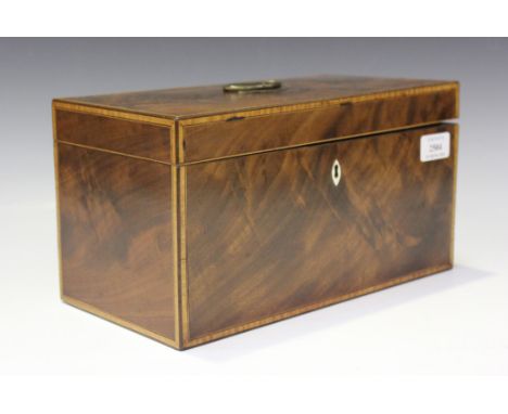 A George IV figured mahogany tea caddy, the edges crossbanded in satinwood, the interior fitted with a pair of removable cani