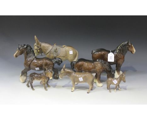 A Beswick brown glazed model of Shire Mare, No. 818, four other Beswick models, including Cantering Shire, No. 975, Grazing S