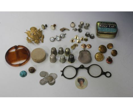 An early 20th Century shagreen mounted gilt metal cylindrical pillbox, a miniature portrait on ivory, six thimbles and a smal