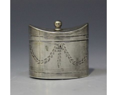 An early 19th Century Dutch silver cachou box of oval form with concave hinged lid and ball finial, above engraved foliate ga