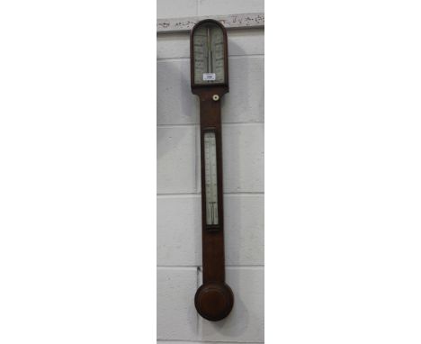 A Victorian burr walnut stick barometer, the ivory dial with vernier scales and inscribed 'Cooke & Sons Opticians, York', the