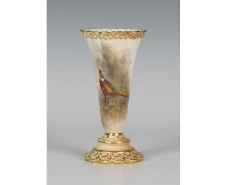 A Royal Worcester bone china vase, circa 1905, by James Stinton, signed, the tapering cylindrical body painted with a cock ph