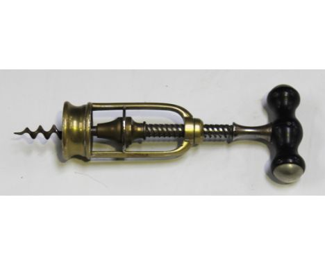 A late 19th Century French 'L'Excelsior' brass open barrelled corkscrew, the button stamped 'A.G. Bte. S.G.D.G, Paris', the h