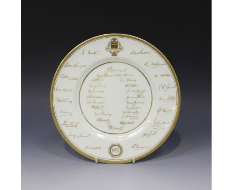 A Royal Worcester bone china 'The Ashes 1953' commemorative plate, circa 1954, gilt inscribed with facsimile signatures of cr