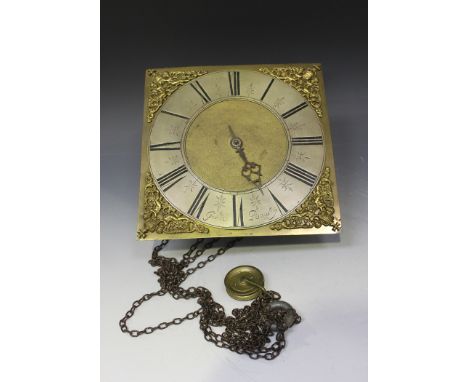 An 18th Century thirty hour longcase clock movement striking on a bell, the square brass dial with single hand and matt centr