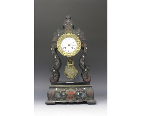 A 19th Century French ebonized and boullework portico clock with eight day movement striking on a bell via an outside countwh