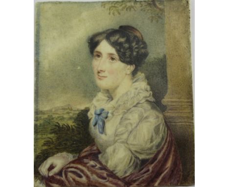 Late 19th Century British School - Miniature Portrait of a Lady beside a Column, watercolour on ivory, approx 11cm x 9cm.