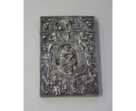 A Victorian Elkington & Co electro type rectangular card case, after a design by George Stanton, decorated in relief with a c