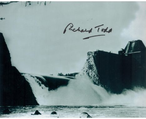 Guy Gibson Dambuster actor Richard Todd signed rare 10 x 8 inch b/w photo, depicting the breached Dam destroyed by 617 sqn in