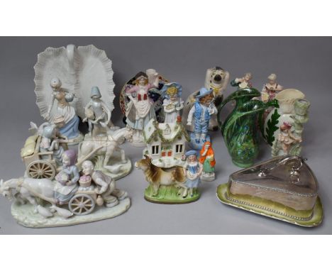 A Collection of Various Ceramic Figural and Animal Ornaments, Silver Plated Cheese Dish Cover Etc 