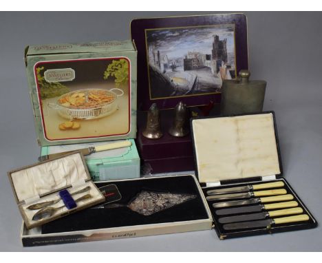 A Collection of Various Table Mats, Silver Plate Cake Knife, Silver Mounted Glass Bowls, Hip Flask etc 