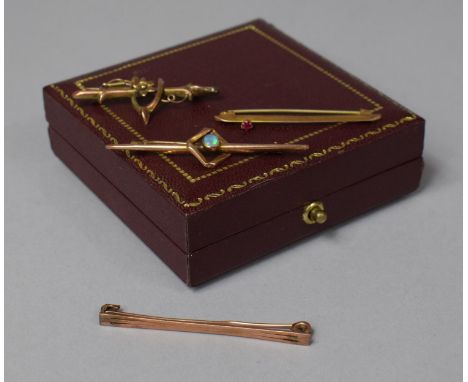 Four 9ct Gold Bar Brooches Having Opal, Ruby and Floral Mounts, (One AF), Total weight 5.3g 