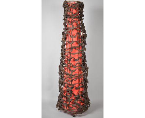 A 1950's Sculptural Light Shade in Wood and Fabric on Iron Frame, 131cm High 
