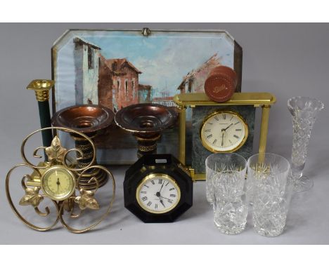 A Tray of Sundries to Include Glassware, Candlestick, Two Mantle Clocks, Candle Pricket and a Framed Wilson Print 