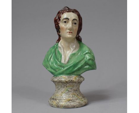 An Early 19th Century Staffordshire Pearlware Head and Shoulders Portrait Bust of the Poet Matthew Prior, on Faux Marble Socl