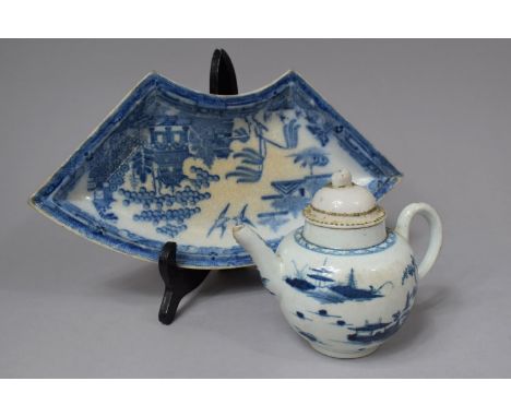 A 19th Century Transfer Print Willow Pattern Quadrant Dish Together with an 18th Century Cannon Ball Pattern Teapot with Unre