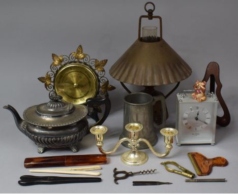 A Collection of Sundries to Include Silver Plated Teapot, Pewter Tankard, Wall Hanging Aneroid Barometer, Corkscrew etc 