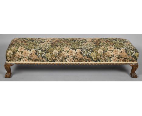 A Mid 20th Century Tapestry Upholster Duet Stool with Gadrooned Oak Frame and Claw and Ball Feet, 103cm wide 