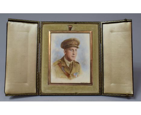 A Leather Cased Watercolour Portrait of WWI Soldier, Signed Bottom Right W Hurst, RMS- (Royal Society of Miniature Painters),