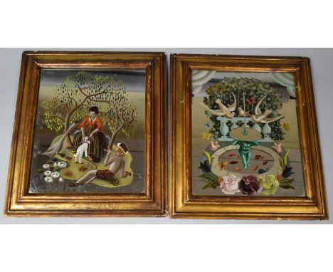A Pair of 1920's Gilt Framed Wall Mirrors with Verre Eglomise Decoration, Signed Kay D'Arcy and Decorated with Reclining Pan 