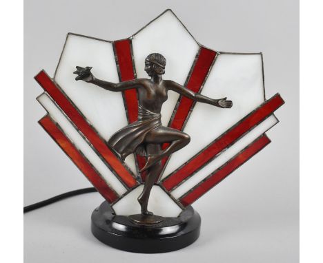 A Reproduction Art Deco Style Table Lamp Decorated with Bronze Effect Dancing Girl Holding Bird, 24cm high 