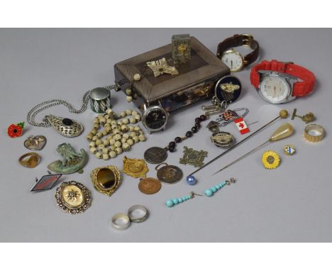 A Small Silver Plated Jewellery Box with Engine Turned Decorated Lid Containing Wrist Watches, Stanhope (AF), Enamelled Badge