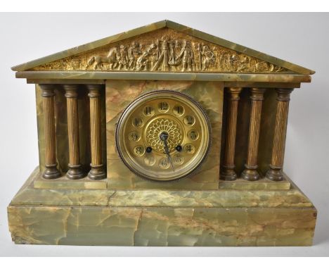 A French Green Marble Mantle Clock of Architectural Form with Gilt Dial, 40cm wide 