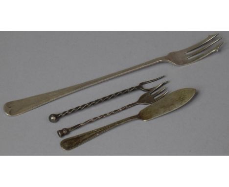 A Silver Butter Knife, Silver Pickle Fork and Two Silver Cocktail Forks 