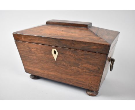 A Late 19th Century Rosewood Sarcophagus Shaped Two Division Tea Caddy with Brass Ring Carrying Handles and Bun Feet, 22cm wi