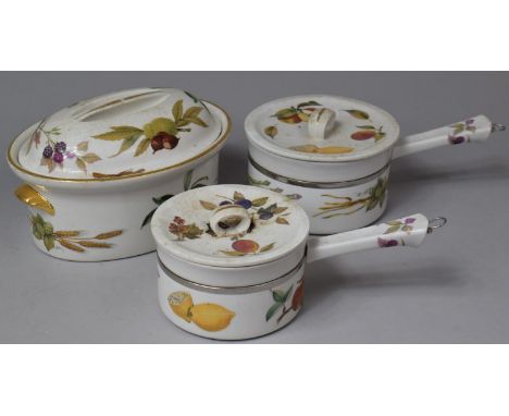 A Royal Worcester Oval Evesham Oven to Table Bowl and Two Saucepans 