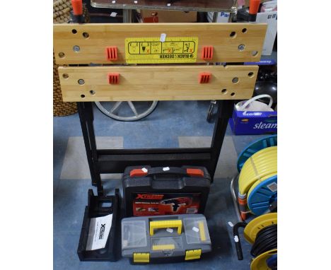 A Black and Decker Folding Work Bench, Power Drill and Tool Box Containing Various Hand Tools 