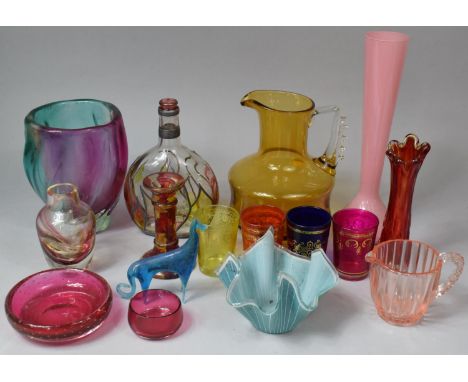 A Collection of Coloured Glassware to Include Vases, Handkerchief Bowl, Flask etc 