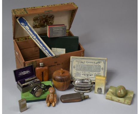 A Vintage Cigar Box Containing SUndries to Include Table Lighter, Magnifying Glass, Treen Apple Box, Onyx Egg and Ashtray, Th