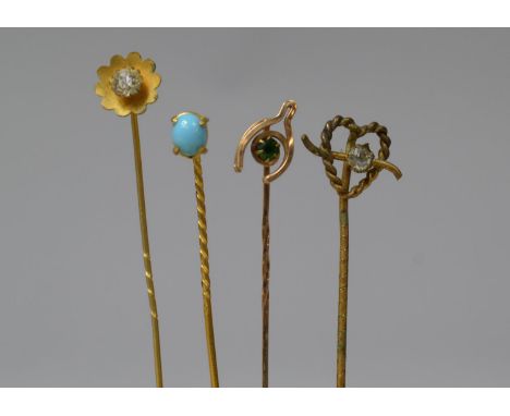 A Collection of Four Unmarked Yellow Metal Stick Pins, to Include Turquoise Mounted, Folded Gold Wire etc 