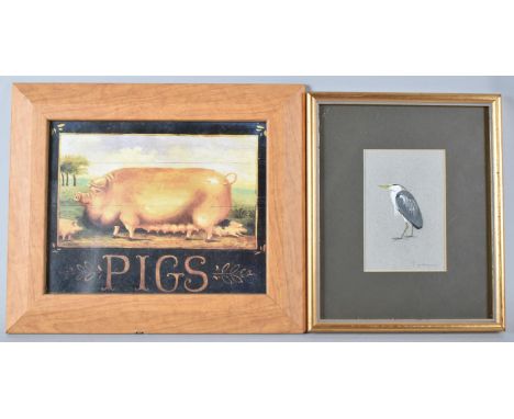A Modern Pine Framed Print of a Pig and a Watercolour of a Heron 
