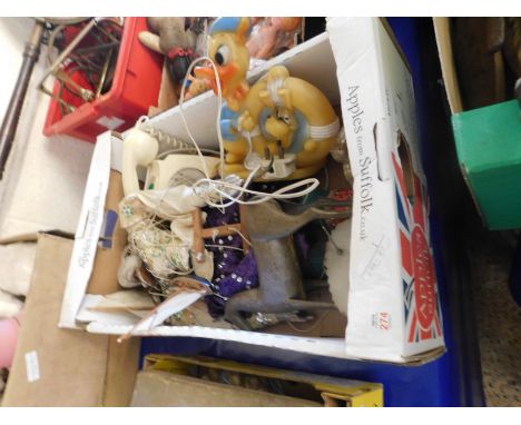 BOX CONTAINING AN ORIENTAL PUPPET, CREAM PLASTIC TELEPHONE ETC 