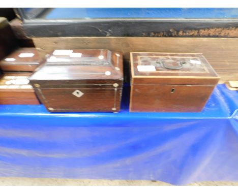 19TH CENTURY ROSEWOOD AND MOTHER OF PEARL INLAID SARCOPHAGUS FORMED TEA CADDY TOGETHER WITH A FURTHER GEORGIAN MAHOGANY AND S
