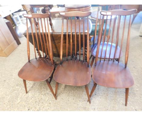 SET OF FOUR DARK STAINED ERCOL HIGH STICK BACK CHAIRS 