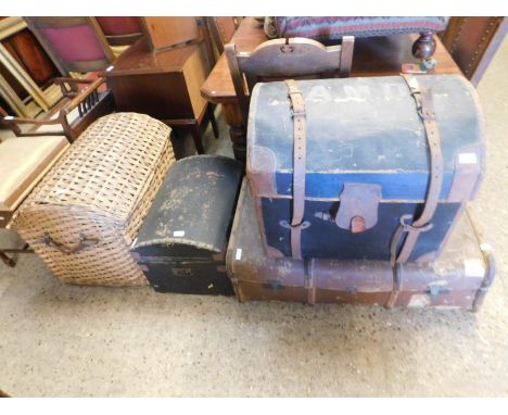 TWO REXINE BOW FRONTED TRUNKS TOGETHER WITH A FURTHER WICKER EXAMPLE AND A BROWN REXINE AND BEECHWOOD BANDED TRUNK (4) 