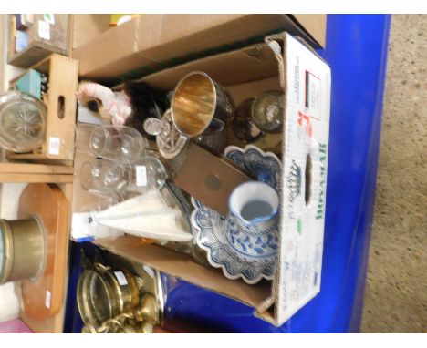 BOX CONTAINING QUANTITY OF VARIOUS HOUSEHOLD GLASS WARE, TOGETHER WITH TABLE LIGHTER, BOXED SILVER PLATED NAPKIN RINGS ETC 