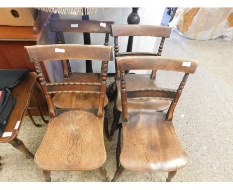 GOOD QUALITY SET OF FOUR MID-19TH CENTURY ELM HARD SEATED BAR BACK DINING CHAIRS WITH BOBBIN TURNED DETAIL SUPPORTED ON AN H 